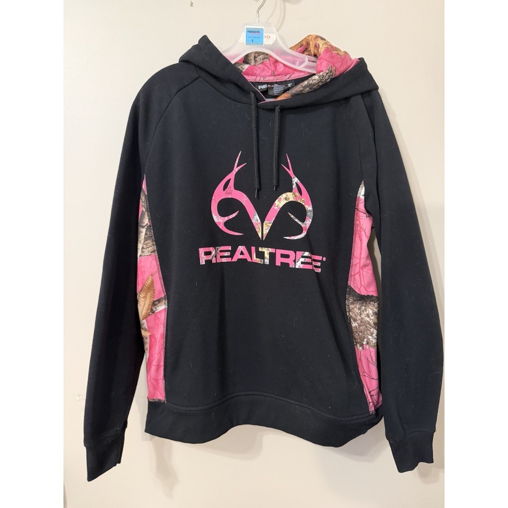 NWT Women's REALTREE Black Pink Hoodie Sweatshirt Size Large